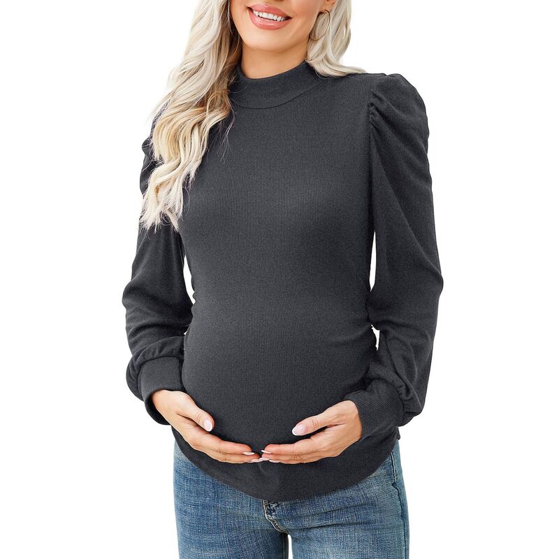セオリア レディース トップス プルオーバー モックネック ギャザー 肋材 編み物 マタニティ Seoria Women\u0027s Knit Ribbed Maternity Top Mock Neck Long Sleeve Shirts Pregnant Ruched Tunic Pullover Grey 薄墨色