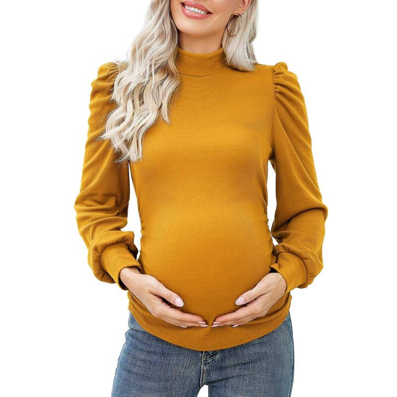セオリア レディース トップス プルオーバー モックネック ギャザー 肋材 編み物 マタニティ Seoria Women\u0027s Knit Ribbed Maternity Top Mock Neck Long Sleeve Shirts Pregnant Ruched Tunic Pullover Yellow 黄色