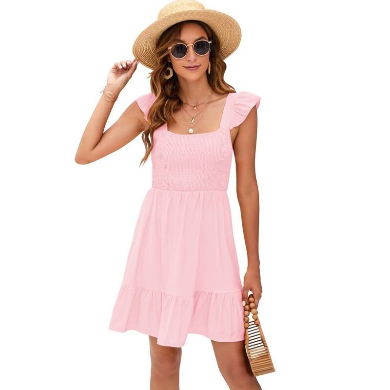イエスファッション レディース トップス ワンピース フリル ミニ シャーリング Yesfashion Women'summeruffle Sleeve Dressesmocked Square Neck Tie Back Boho Flowy Casual Mini Dress Pink ピンク|ReVida 店