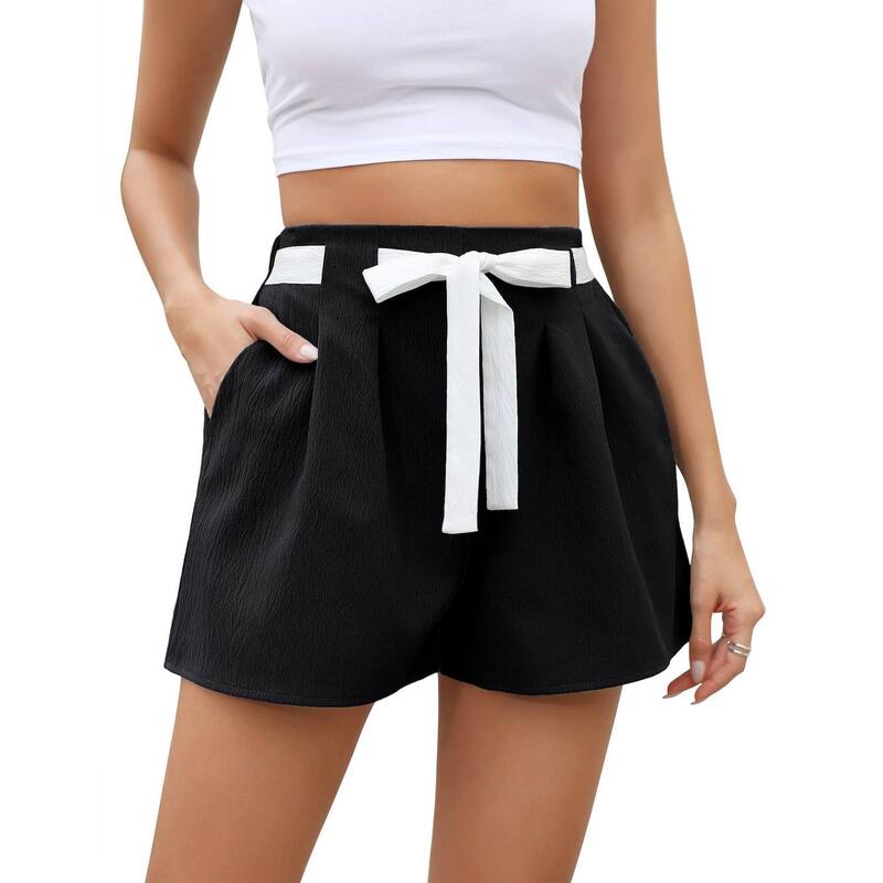 コジョイン レディース ボトムス ハーフパンツ・ショーツ ハイウエスト ショートパンツ シャーリング Kojooin Women's Casual Bow Tie High Waist Shortsmocked Elastic Waist Summer Loose Flowy Pant Black ブラック|ReVida 店