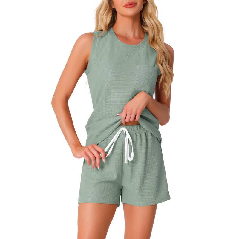 インスパイア シック レディース アンダーウェア ナイトウェア Vネック ショートパンツ ノースリーブ ニット INSPIRE CHIC Women's Waffle Knit Casual Outfits V Neck Pajamasleeveless Pjs Tank Top with Shorts Lounge Sets Light Green グリーン｜ReVida 店