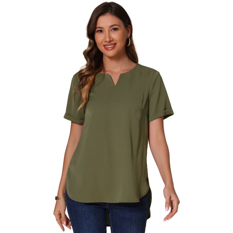 インスパイア 今めかしい レディース トップス プルオーバー V素っ首 INSPIRE CHIC Summer Tunic Top for Women\u0027s Casual V Neck Short Sleeve Curved Hem Loose Tops Army Green 緑であること