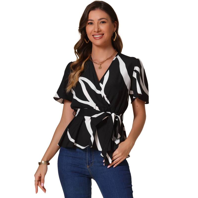 インスパイア 今めかしい レディース トップス プルオーバー V素っ首 刷り上げる トップ INSPIRE CHIC Printed Peplum Top for Women\u0027s Flutter Sleeves Elastic Waist Belt Wrap V Neck Blouse Black 黒いこと