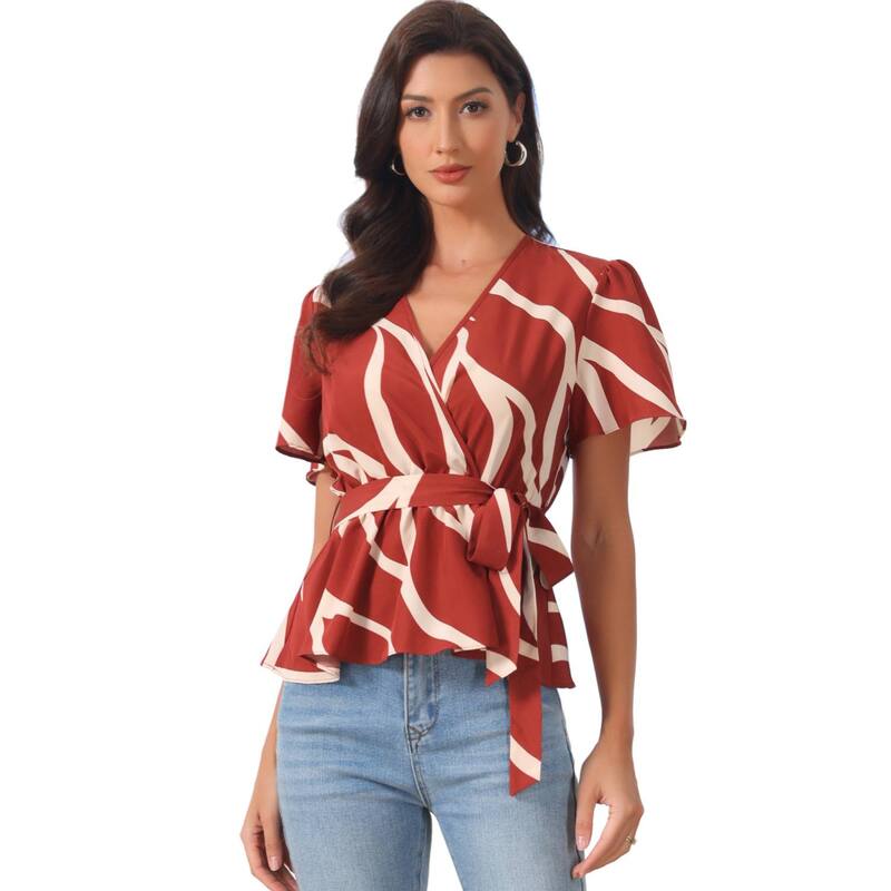 インスパイア 今めかしい レディース トップス プルオーバー V素っ首 刷り上げる トップ INSPIRE CHIC Printed Peplum Top for Women\u0027s Flutter Sleeves Elastic Waist Belt Wrap V Neck Blouse Dark Red 赤いこと