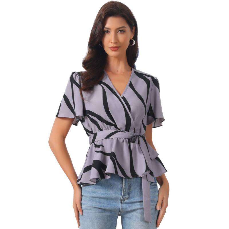インスパイア 今めかしい レディース トップス プルオーバー V素っ首 刷り上げる トップ INSPIRE CHIC Printed Peplum Top for Women\u0027s Flutter Sleeves Elastic Waist Belt Wrap V Neck Blouse Dusty Purple パープル