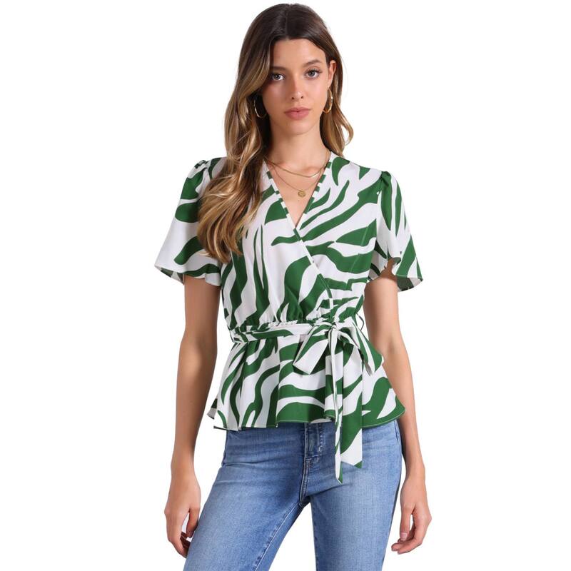 インスパイア 今めかしい レディース トップス プルオーバー V素っ首 刷り上げる トップ INSPIRE CHIC Printed Peplum Top for Women\u0027s Flutter Sleeves Elastic Waist Belt Wrap V Neck Blouse Green White 白いこと