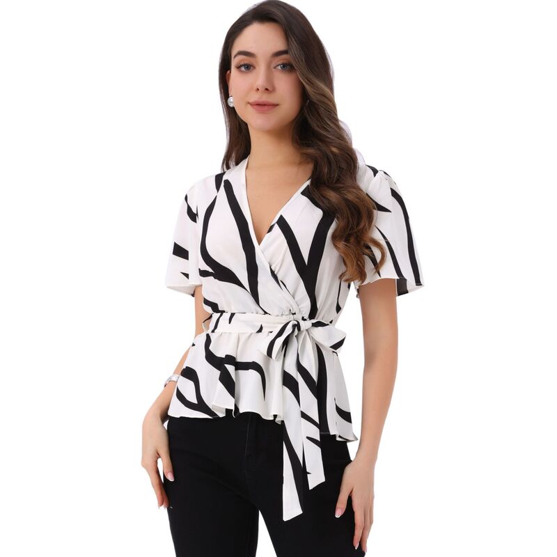 インスパイア 今めかしい レディース トップス プルオーバー V素っ首 刷り上げる トップ INSPIRE CHIC Printed Peplum Top for Women\u0027s Flutter Sleeves Elastic Waist Belt Wrap V Neck Blouse White 白いこと