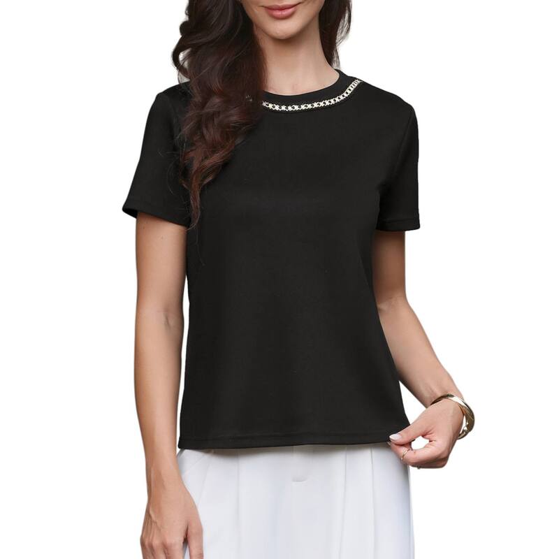 インスパイア 今めかしい レディース トップス シャツイード トップ INSPIRE CHIC Tweed Neck Tops for Women\u0027short Sleeve Summer Elegant Blouse Black 黒いこと