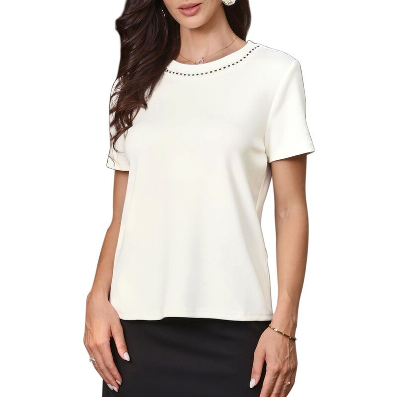 インスパイア 今めかしい レディース トップス シャツイード トップ INSPIRE CHIC Tweed Neck Tops for Women\u0027short Sleeve Summer Elegant Blouse White 白いこと