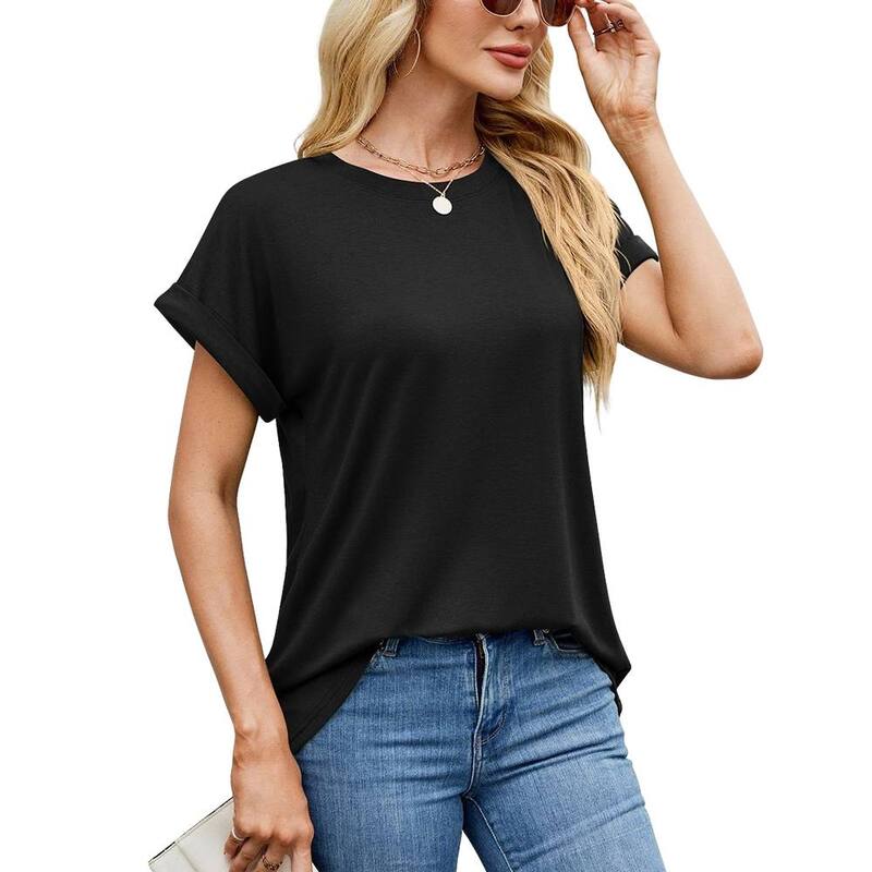 読みやすい御花 レディース トップス プルオーバー 労働者の一団素っ首 ClearFlower Women Short Rolled-Sleeve Crew Neck T-Shirt Casual Top Black 黒いこと