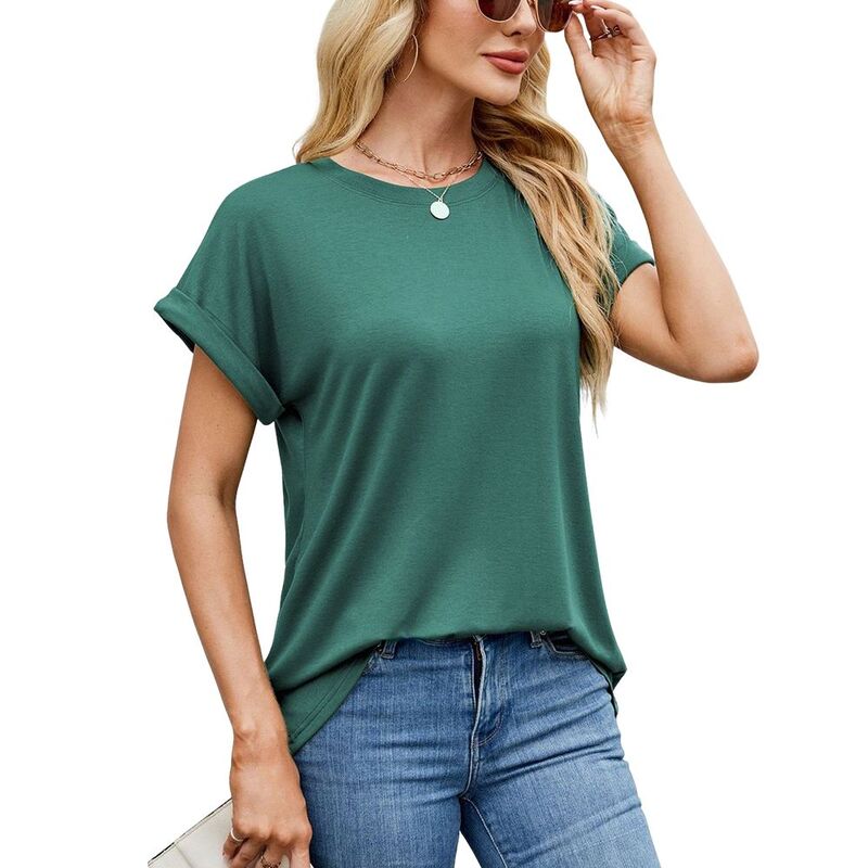 読みやすい御花 レディース トップス プルオーバー 労働者の一団素っ首 ClearFlower Women Short Rolled-Sleeve Crew Neck T-Shirt Casual Top Green 緑であること