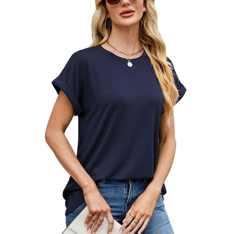 読みやすい御花 レディース トップス プルオーバー 労働者の一団素っ首 ClearFlower Women Short Rolled-Sleeve Crew Neck T-Shirt Casual Top Navy Blue 米国海軍
