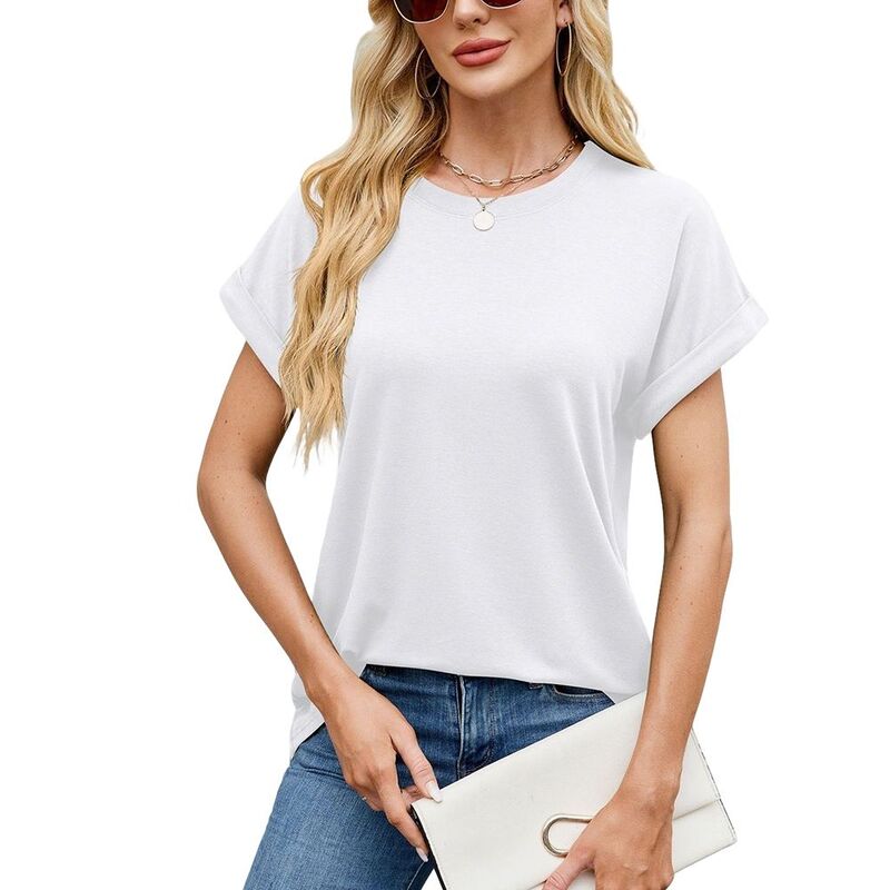 読みやすい御花 レディース トップス プルオーバー 労働者の一団素っ首 ClearFlower Women Short Rolled-Sleeve Crew Neck T-Shirt Casual Top White 白いこと