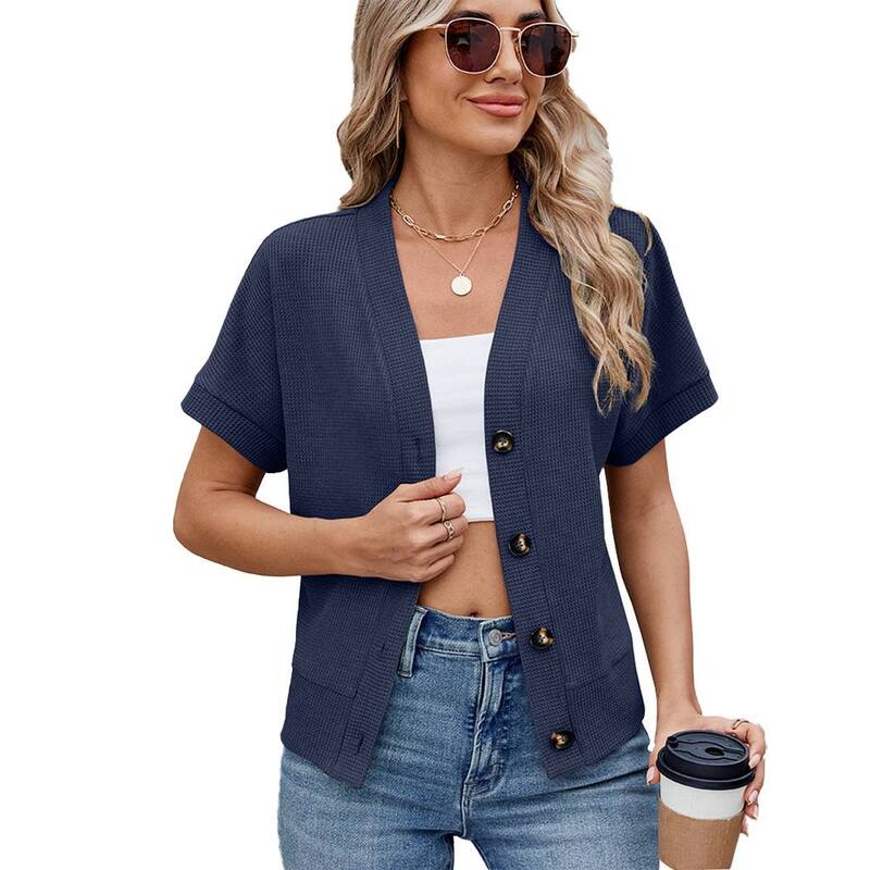 エリートチョイス レディース アウター ニット・セーター Vネック ボタンダウン カーディガン ダウン クロップド Elitechoice Women Short Sleeve Cropped Cardigan Crochet Knit Lightweight Button Down V Neck Bolero Sweater Top Royal Blue ブルー|ReVida 店
