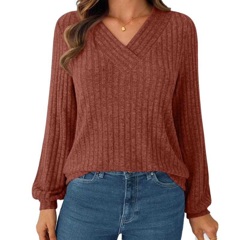 読みやすい御花 レディース トップス プルオーバー V素っ首 肋筋 ClearFlower Women\u0027s V Neck Ribbed Long Sleeve Shirt Loose Fit Pullover Casual Comfortable Top Brown 赤銅色