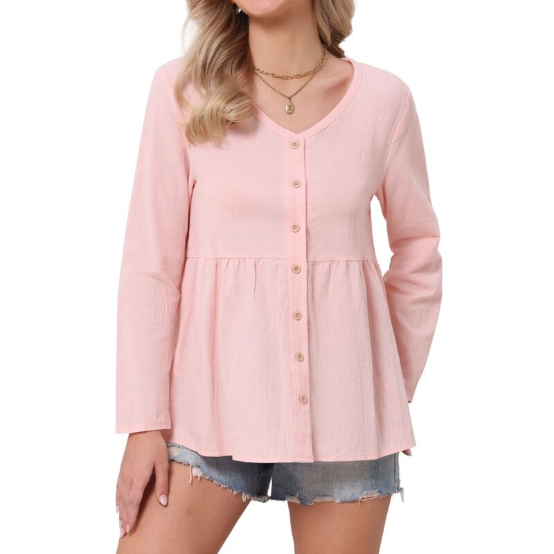 インスパイア 今めかしい レディース トップス プルオーバー V素っ首 名取り草落ち込む トップ INSPIRE CHIC Boho Button Down Blouse for Women Long Sleeve V Neck Lightweight Dressy Casual Topink サクラ色