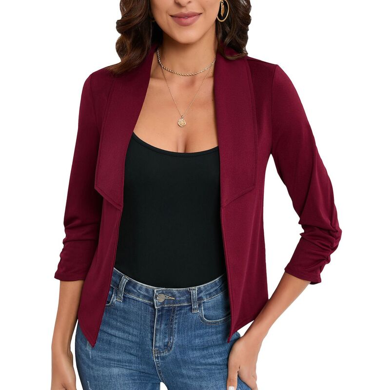 セオリア レディース アウター ジャケット・ブルゾン ノースリーブ クロップド ブレザー Seoria Women's Open Front Sleeveless Cropped Blazer Lightweight Casual Office Cover Up Wine Red レッド｜ReVida 店