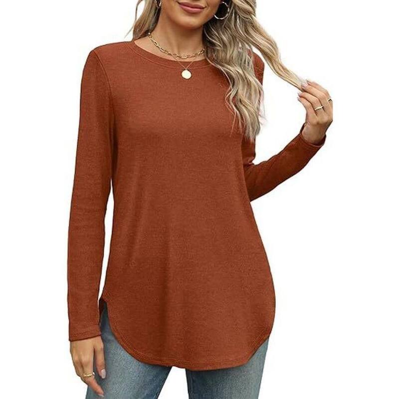 救世主流行り物 レディース トップス プルオーバー Yesfashion Womens Long Sleeve Round Neck Shirtside Split Basic Loose Tunic Tops for Casual Work Office Brick Red 赤いこと