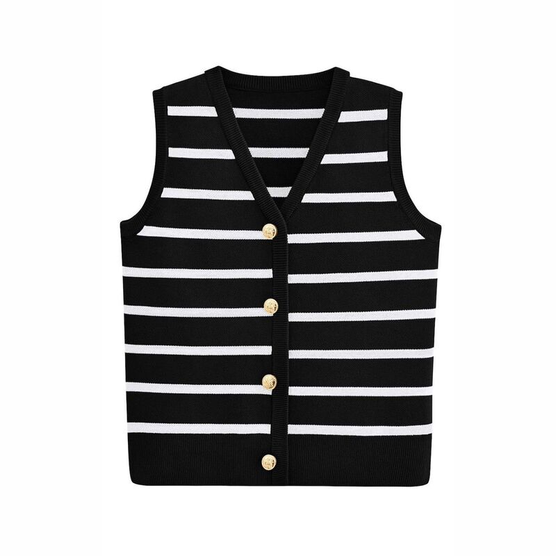 セオリア レディース アウター ニット・セーター Vネック ベスト ノースリーブ コントラスト Seoria Women'S V-Neck Sleeveless Button Contrasting Striped Top With A Stylish Businessweater Vest Black ブラック|ReVida 店