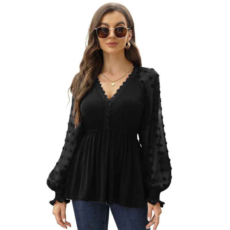 セオリア レディース トップス プルオーバー V素っ首 シャーリング トップ スピード競技 Seoria Women\u0027s Lace Crochet V Neck Peplum Blouse Long Sleeve V Neck Shirts Tops with Smocked Cuffs Black 黒いこと