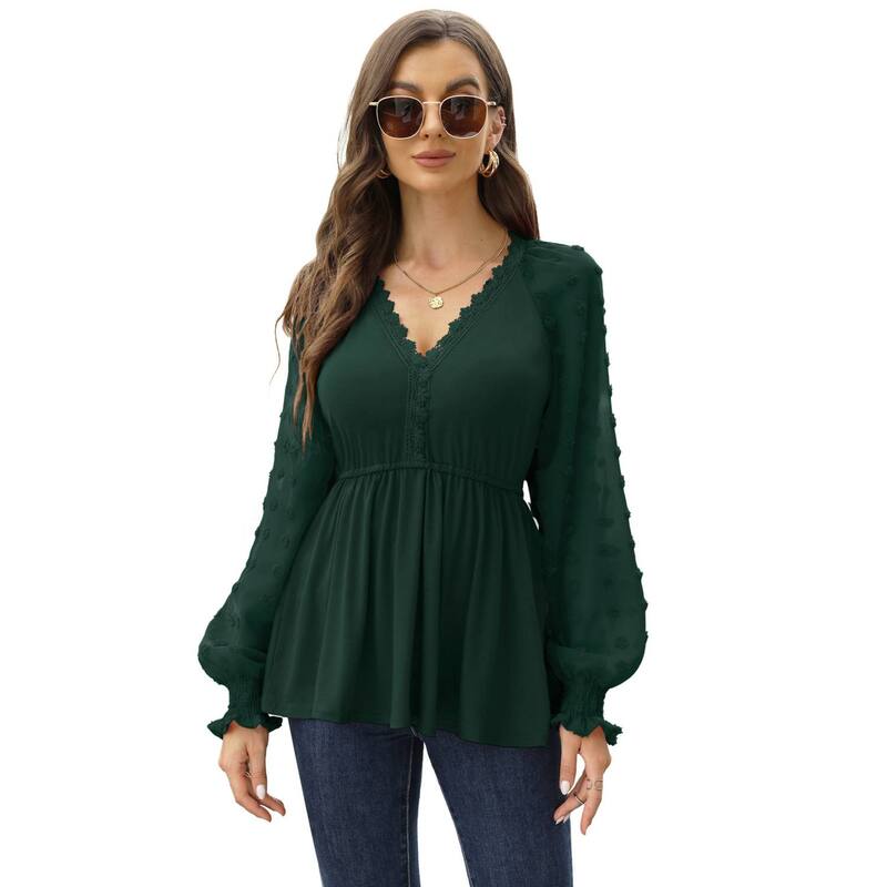 セオリア レディース トップス プルオーバー V素っ首 シャーリング トップ スピード競技 Seoria Women\u0027s Lace Crochet V Neck Peplum Blouse Long Sleeve V Neck Shirts Tops with Smocked Cuffs Dark Green 緑であること
