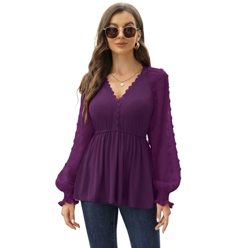 セオリア レディース トップス プルオーバー V素っ首 シャーリング トップ スピード競技 Seoria Women\u0027s Lace Crochet V Neck Peplum Blouse Long Sleeve V Neck Shirts Tops with Smocked Cuffs Purple パープル