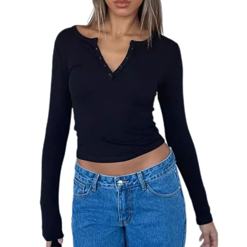 救世主流行り物 レディース トップス プルオーバー か細い相応う V素っ首 Yesfashion Womens Long Sleeve Shirts V Neck Henley Topslim Fit Basic Going Out-Shirts Fashion Outfits Black 黒いこと