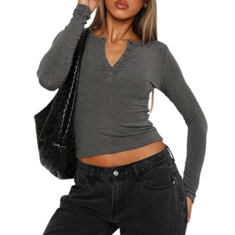 救世主流行り物 レディース トップス プルオーバー か細い相応う V素っ首 Yesfashion Womens Long Sleeve Shirts V Neck Henley Topslim Fit Basic Going Out-Shirts Fashion Outfits Gray 薄墨色
