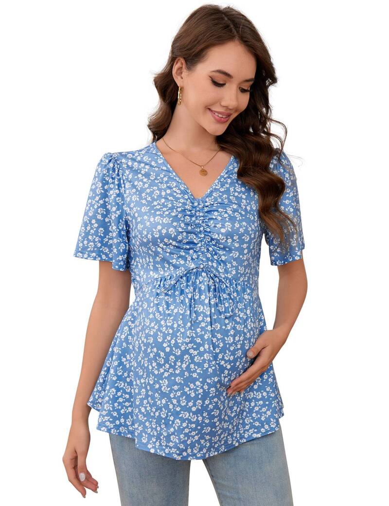ファンジュライ レディース トップス プルオーバー V素っ首 ドローコードウエスト トップ マタニティ FUNJULY Women\u0027s Maternity V-Neck Blouse Short Sleeve with Drawstring Waist Blue Floral 青み