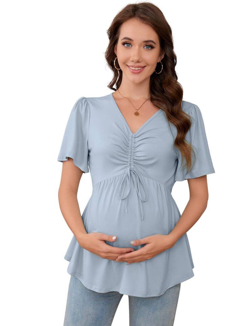 ファンジュライ レディース トップス プルオーバー V素っ首 ドローコードウエスト トップ マタニティ FUNJULY Women\u0027s Maternity V-Neck Blouse Short Sleeve with Drawstring Waist Blue Gray 薄墨色