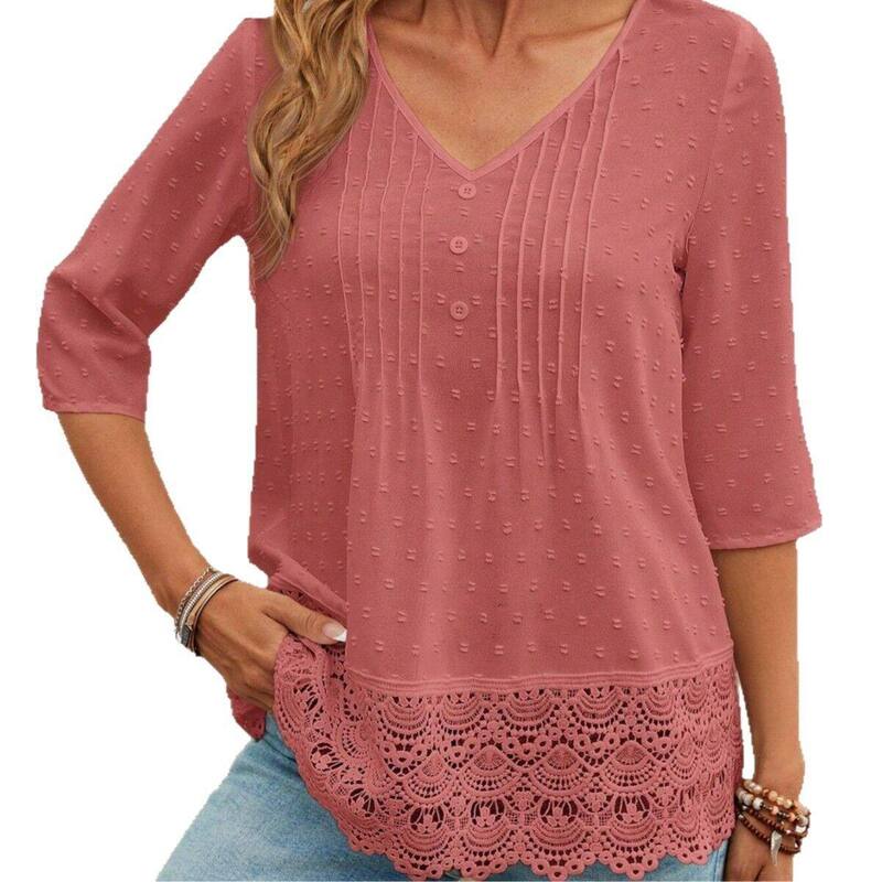 上半身大きさ レディース トップス プルオーバー 筋目 パッチワーク トップ スピード競技 BODDYSIZE Women\u0027summer Casualace Patchwork Blouses 3/4 Sleeve Button Tunic Topleated Henley Shirts Pink サクラ色