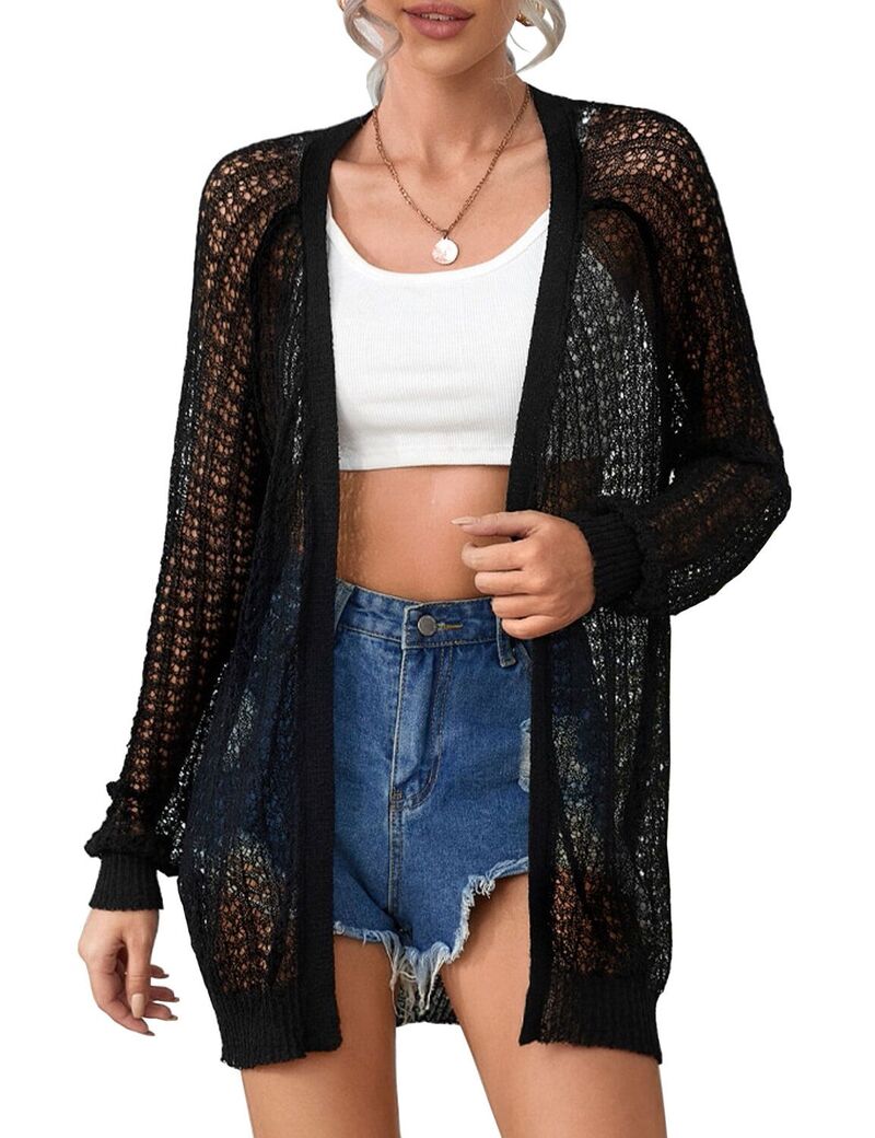 ファンジュライ レディース アウター 編み物・スウェーター ジレー FUNJULY Women Lightweight Cardigan Crochet Open Front Long Sleeve Summer Cardigans Black 黒いこと