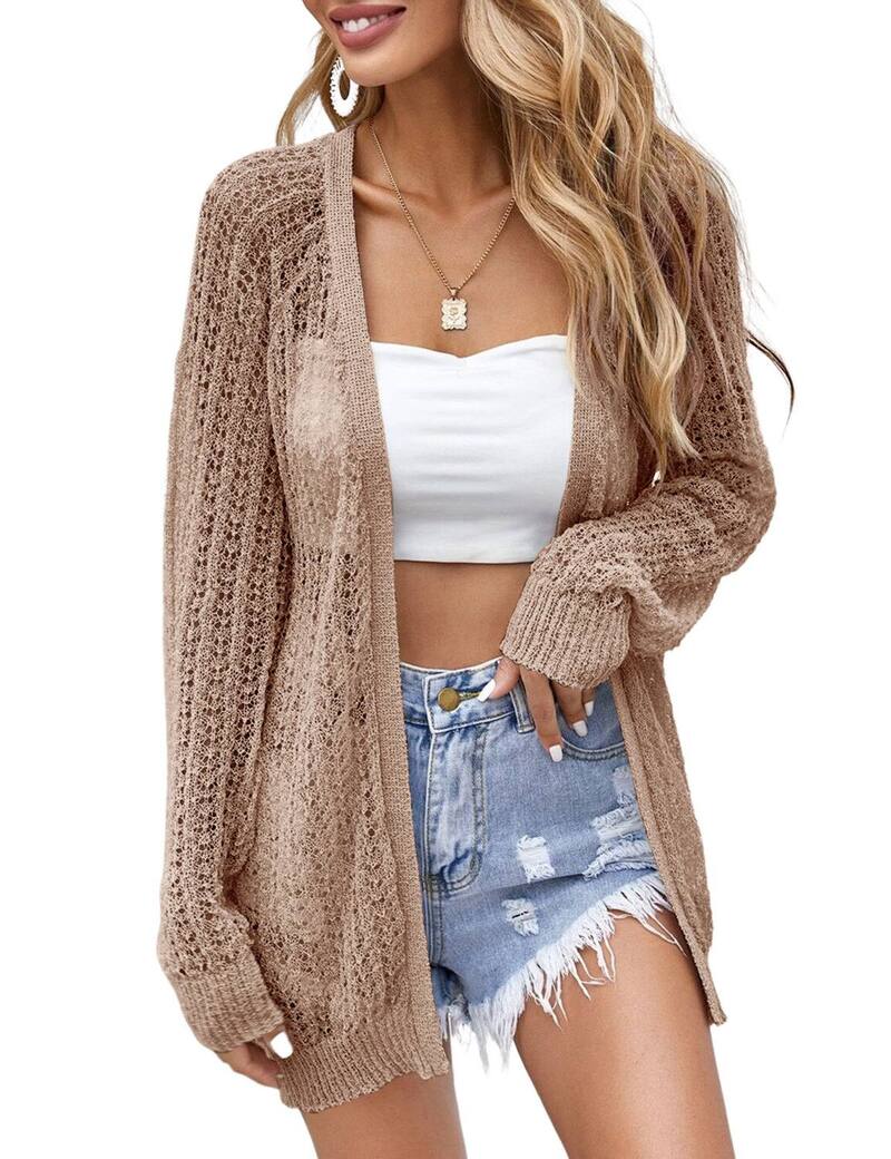 ファンジュライ レディース アウター 編み物・スウェーター ジレー FUNJULY Women Lightweight Cardigan Crochet Open Front Long Sleeve Summer Cardigans Camel 駱駝