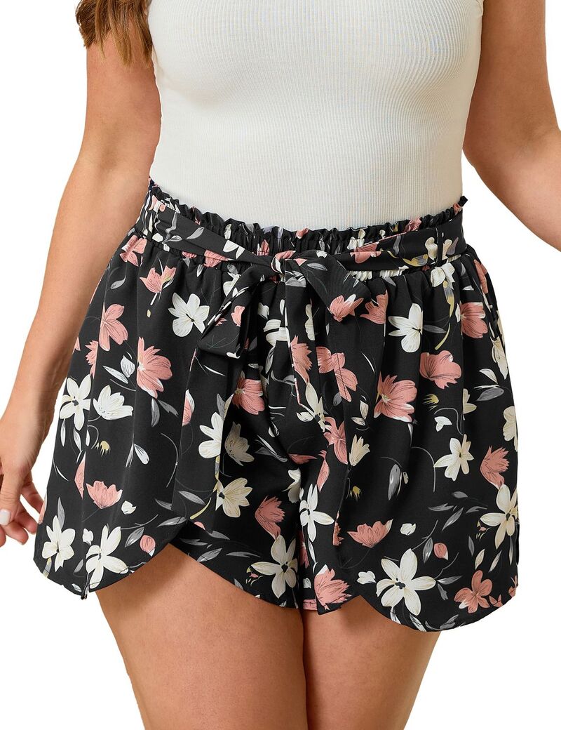 エリートチョイス レディース ボトムス ハーフパンツ・ショーツ ハイウエスト プラスサイズ ショートパンツ Elitechoice Women's Plusizelastic High Waist Drawstring Shorts with Pockets Black Flower ブラック|ReVida 店