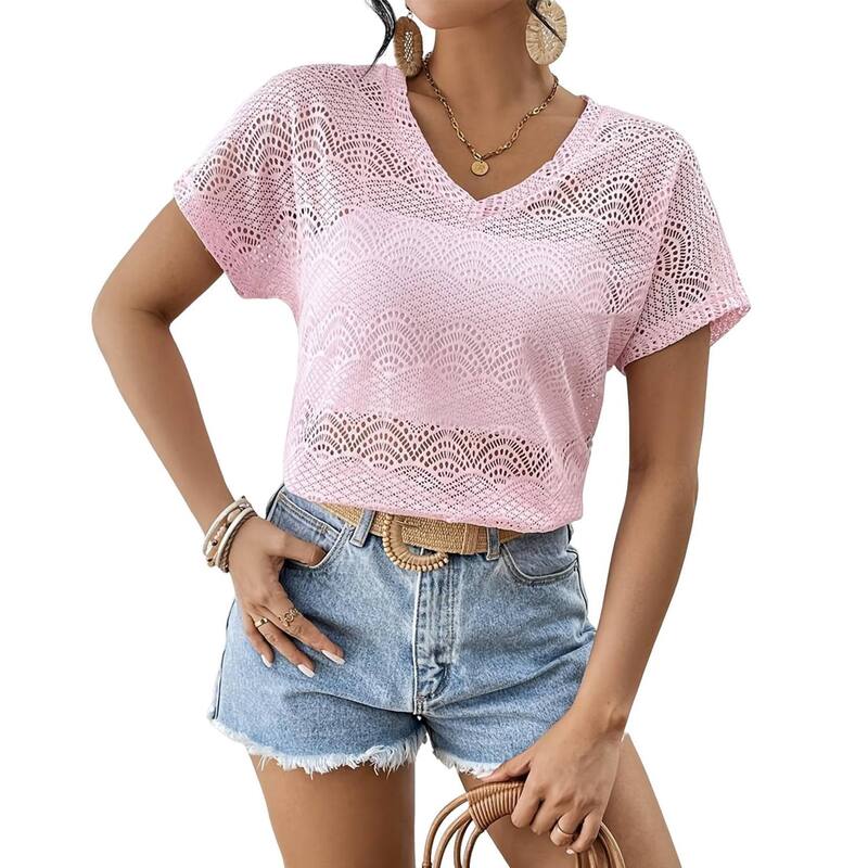 せつ然たる御花 レディース トップス プルオーバー Vのど首 トップ スピード競技 ClearFlower Womens Hollow Out Lace V-Neck Batwing Short Sleeve Top Summer Casualoose Fit Shirt Vacation Blouse Pink サクラ色