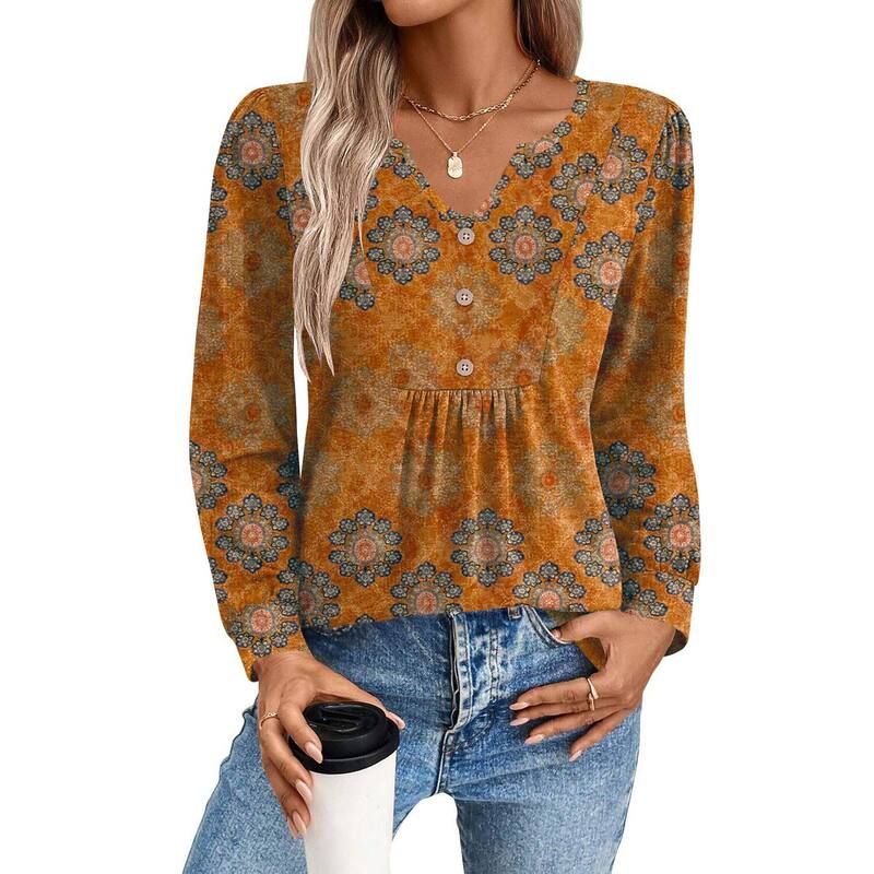 ジーグー レディース トップス Tシャツ Vネック プリーツ ブラウス Zeagoo Women s Fall V Neck Button Blouse Long Sleeve Pleated Boho Tunic Tops Caramel Brown ブラウン｜ReVida 店