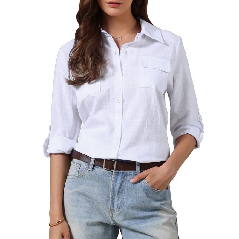 インスパイア 今めかしい レディース トップス プルオーバー 名取り草落ちこむ トップ INSPIRE CHICasual Button Down Shirts for Women\u0027s Collared Rolled Long Sleeve Blouse White 白いこと