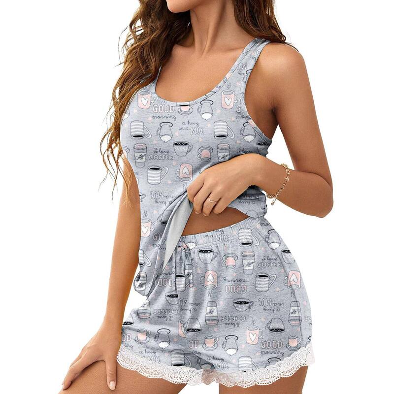 エコアー レディース アンダーウェア ナイトウェア ショートパンツ レース Ekouaer Women's 2 piece Lace-Trim Tank & Shorts Pajama Set Coffee Cup コーヒー｜ReVida 店