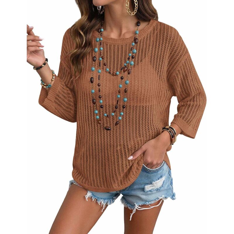ジーグー レディース アウター 編み物・スウェーター Zeagoo Women\u0027short Sleeve Off Shoulder Crochet Knit Pullover Sweater Summer Tops Caramel