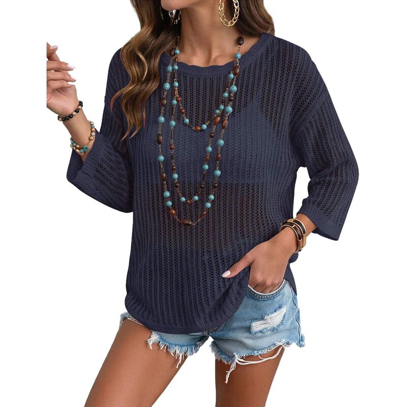 ジーグー レディース アウター 編み物・スウェーター Zeagoo Women\u0027short Sleeve Off Shoulder Crochet Knit Pullover Sweater Summer Tops Deep Blue 青色