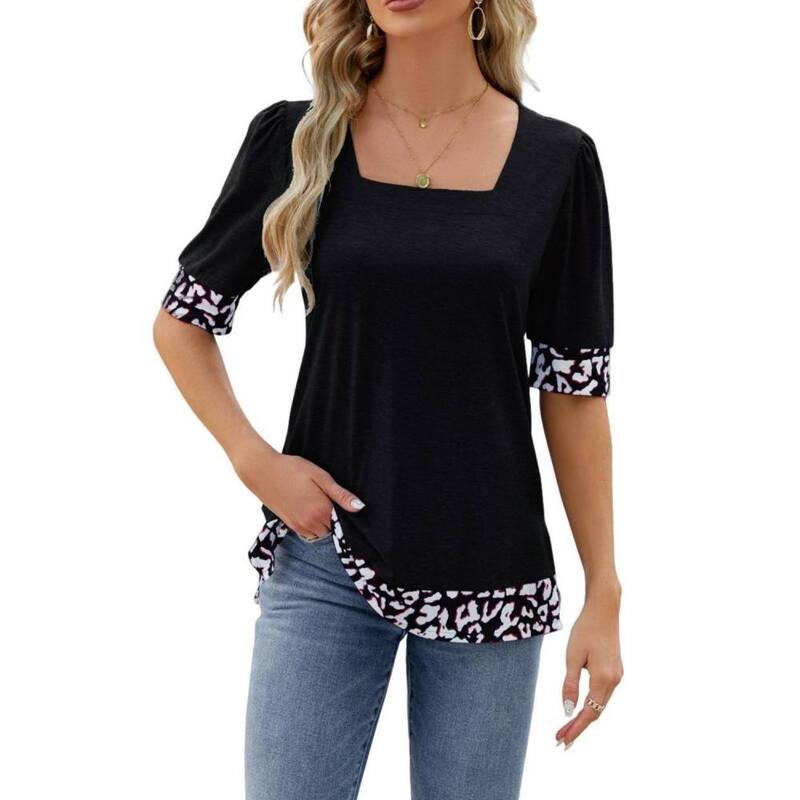 救い主流行り物 レディース トップス プルオーバー トップ Yesfashion Women\u0027square Neck Short Sleeve Blouse Puff Sleeve Leopard Office Trim Top Black 黒いこと