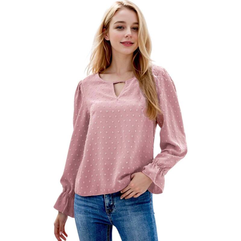 アンナカシ レディース トップス プルオーバー カットアウト トップ Anna-Kaci Women\u0027swiss Dot Cutout Front Blouse Mauve Pink サクラ色