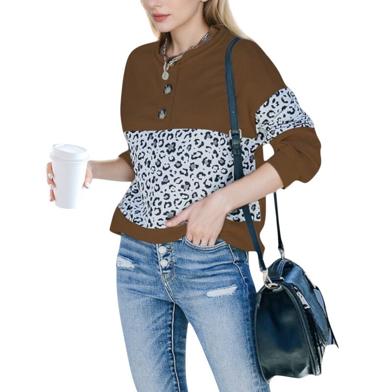 アンナカシ レディース トップス プルオーバー 刷り上げる 肋筋 流汗 Anna-Kaci Women\u0027s Leopard Print Pullover Sweatshirt with Long Sleeves and Ribbed Cuffs Brown 赤銅色