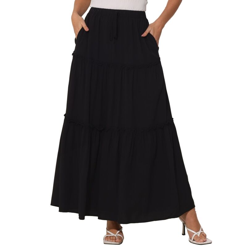 インスパイア 今めかしい レディース 下つ方スコート ティアード A 生産ライン 御機嫌酉の方角 マキシ INSPIRE CHIC Boho Maxi Skirt for Women\u0027s Elastic High Waistiered A-Line Long Skirts Black 黒いこと