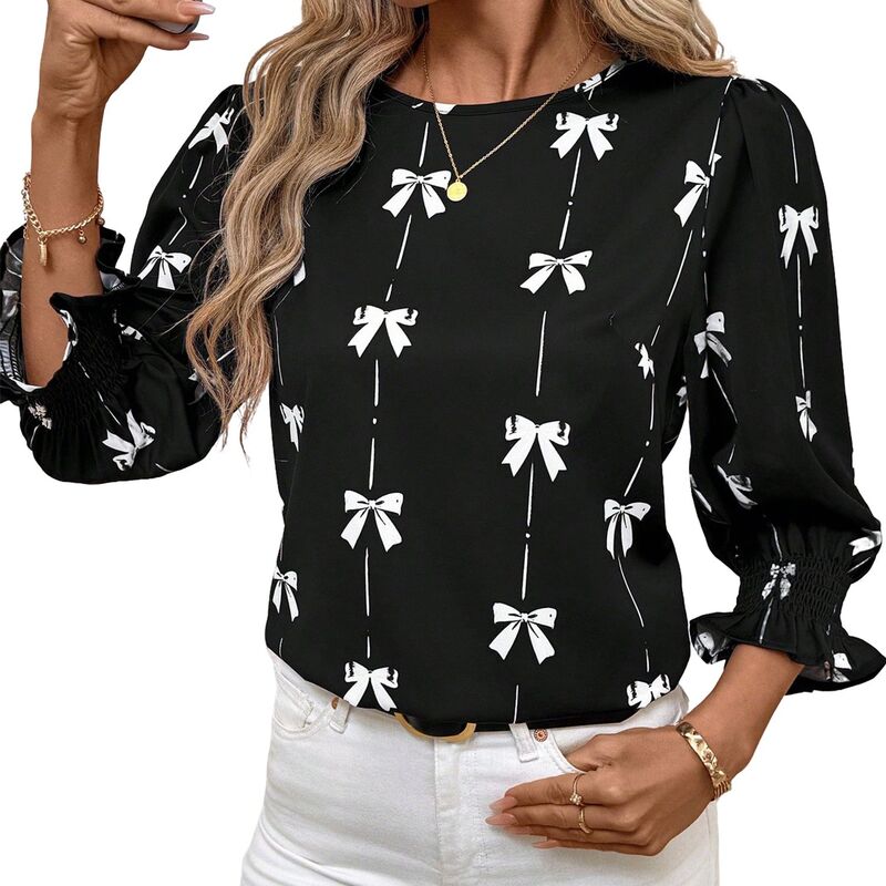 読みやすい御花 レディース トップス プルオーバー フラウンス トップ ClearFlower Women\u0027s Round Neck Blouse Casual 3/4 Puff Sleeve Ruffled Cuff Loose Fit-Shirt Black 黒いこと