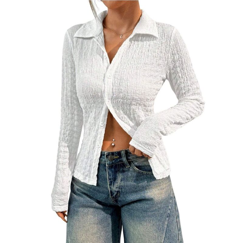 救世主流行り物 レディース トップス プルオーバー 名取り草落ち込む トップ Yesfashion Women\u0027s Textured Button Down Shirts Long Sleeve Collared Blouse White 白いこと