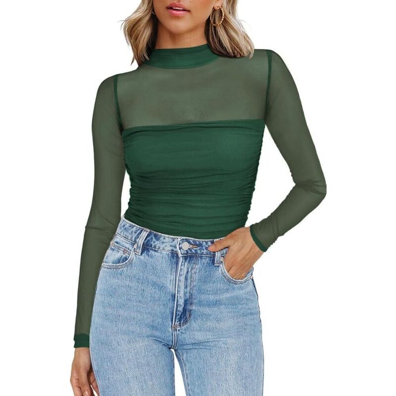 救世主流行り物 レディース トップス プルオーバー タートルネック ギャザー メッシュ シアー トップ Yesfashion Womens Mesheer Long Sleeve Top Casual Mock Turtle Neck See Though Shirts Ruched Summer Blouses Green 緑であること