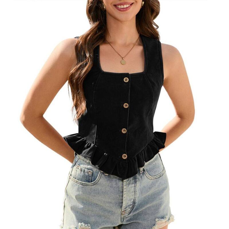 イエスファッション レディース トップス Tシャツ ボタンダウン フリル ベスト コート ダウン ブレザー Yesfashion Women's Waistcoat Vestop Square Neck Ruffled Corset Vest Dressy Button Down Versatile Blazer Vest Black ブラック｜ReVida 店