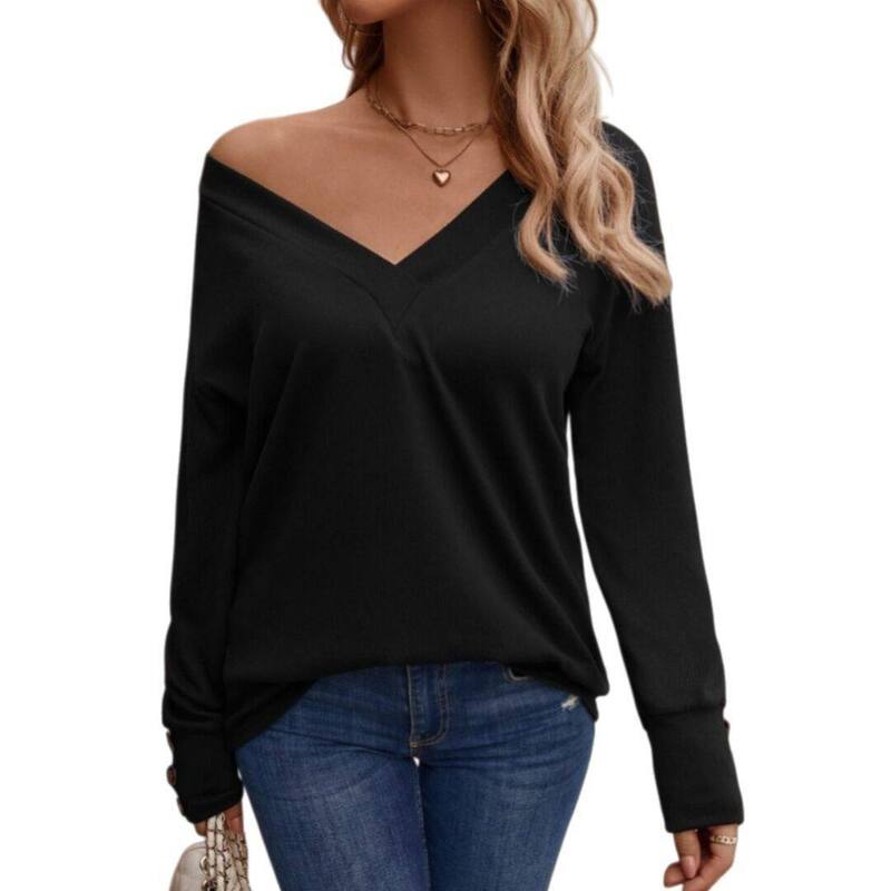 救世主流行り物 レディース トップス プルオーバー V素っ首 流汗 Yesfashion Women Casualong Sleeve V Neck Sweatshirts Cute Loose Fit Lightweight Pullover Tops Black 黒いこと