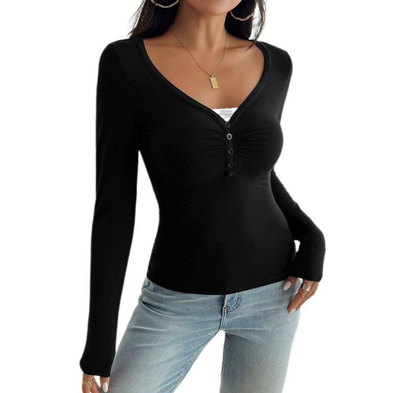 救い主流行り物 レディース トップス プルオーバー Vのど首 ギャザー Yesfashion Women Long Sleeve Henley Shirts V Neck Front Ruched Tops Flattering Low Cut Fitted T-Shirt Black 黒いこと